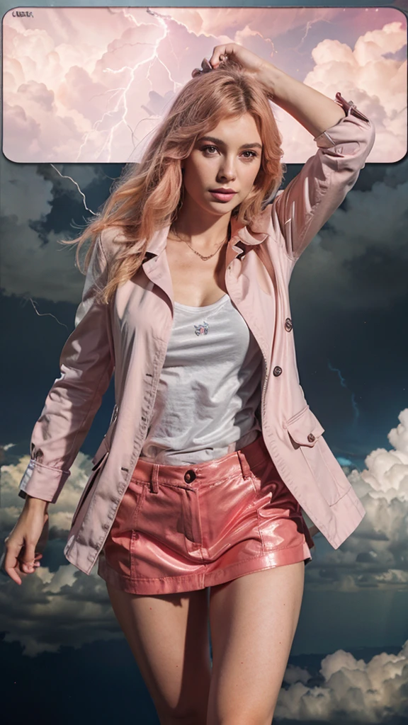 Pink Lightning Girl, cover of a story, image size 9, wearing a supernatural outfit with thunderclouds coming from above her