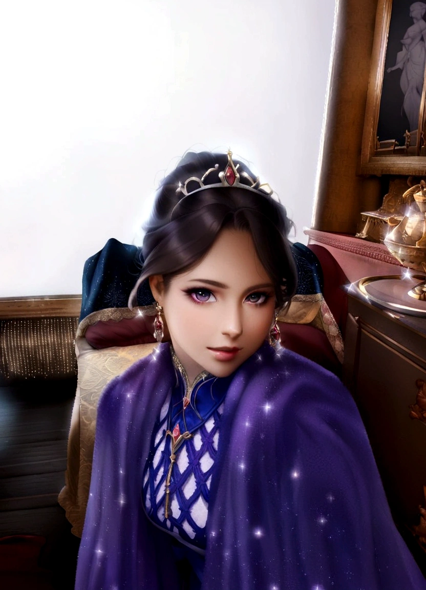 
"Create a fantasy illustration of a girl dressed as a princess. She is wearing a flowing gown with intricate patterns, a sparkling tiara on her head, and elegant jewelry. The background is a grand palace with shimmering lights, and she is posing gracefully, capturing a regal and enchanting atmosphere."