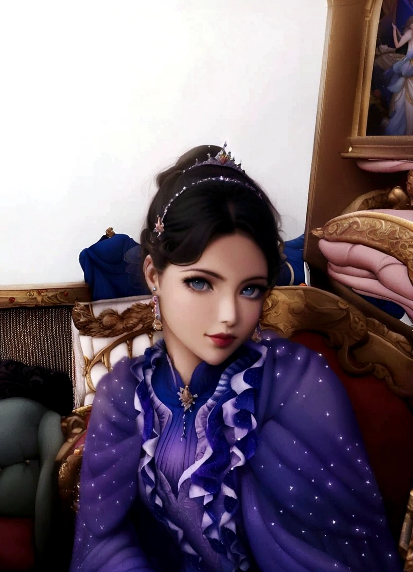 
"Create a fantasy illustration of a girl dressed as a princess. She is wearing a flowing gown with intricate patterns, a sparkling tiara on her head, and elegant jewelry. The background is a grand palace with shimmering lights, and she is posing gracefully, capturing a regal and enchanting atmosphere."