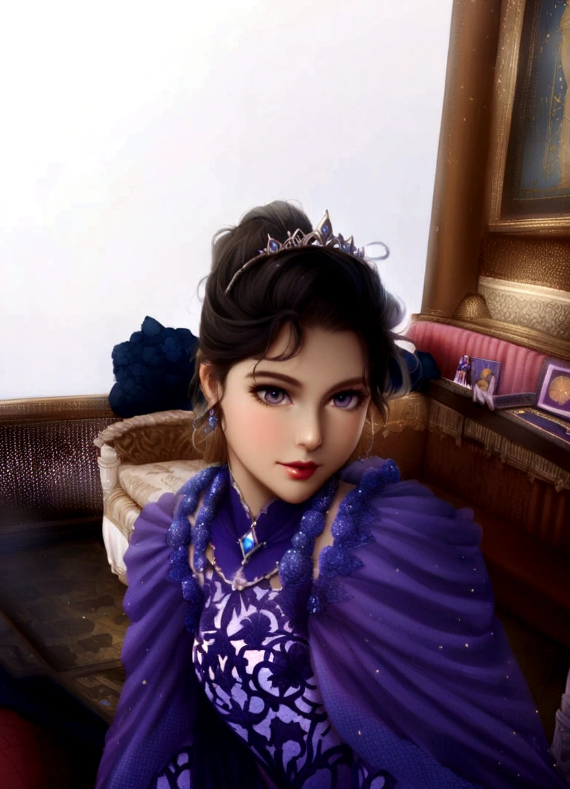 
"Create a fantasy illustration of a girl dressed as a princess. She is wearing a flowing gown with intricate patterns, a sparkling tiara on her head, and elegant jewelry. The background is a grand palace with shimmering lights, and she is posing gracefully, capturing a regal and enchanting atmosphere."
