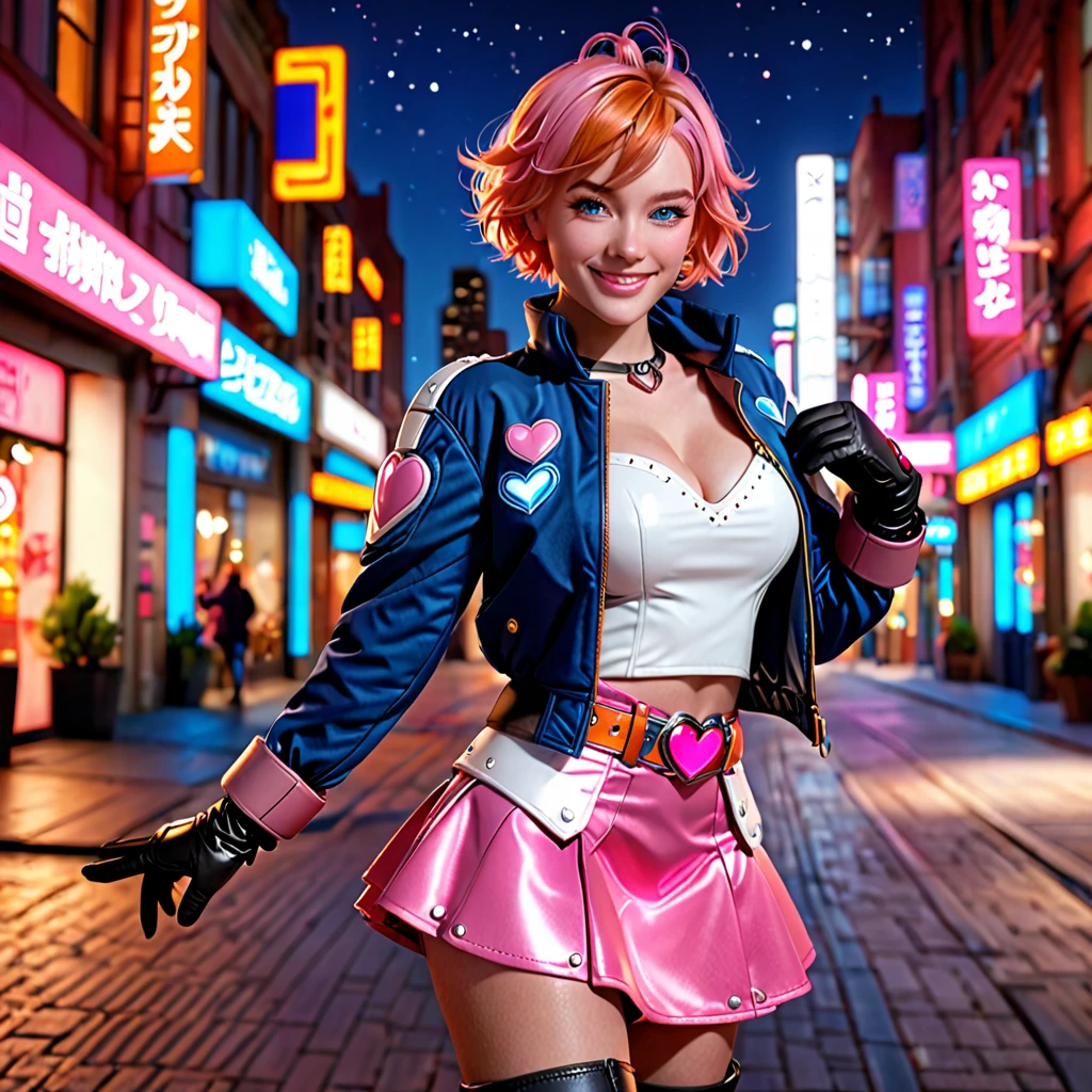 1girl,cowboy shot, beautiful nora_valkyrie, looking at viewer, smile, short hair, blue eyes,heart cutout, gloves,  jacket, pink skirt, pink belt, short sleeves, puffy sleeves, single armband, fingerless gloves, orange hair, pink gloves, dynamic pose, night, outdoors, city, (volumetric lighting), best quality, masterpiece, intricate details, tonemapping, sharp focus, hyper detailed, trending on Artstation,