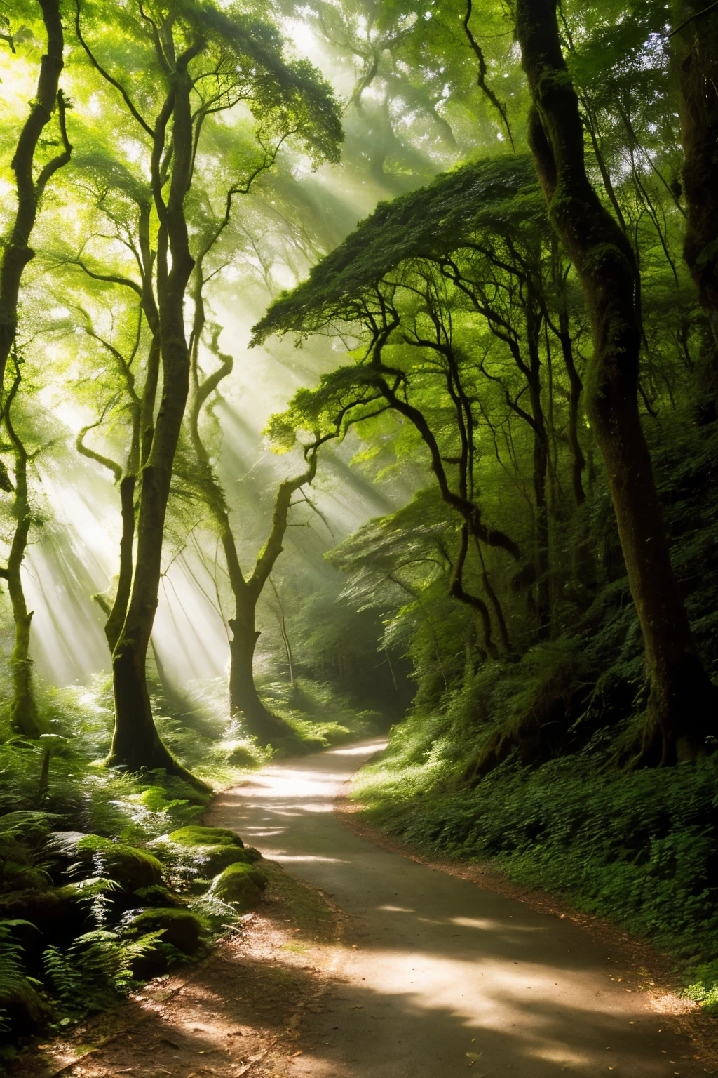 ((best quality)), ((masterpiece)), (detailed), towering trees
dense foliage
dappled sunlight
winding paths
moss-covered ground
chirping birds
rustling leaves
tranquil stream
wildflowers
forest canopy
woodland creatures
serene and quiet
earthy scents
mushrooms and ferns
ancient oaks
peaceful glades
cool shade
misty mornings
enchanted forest
natural beauty