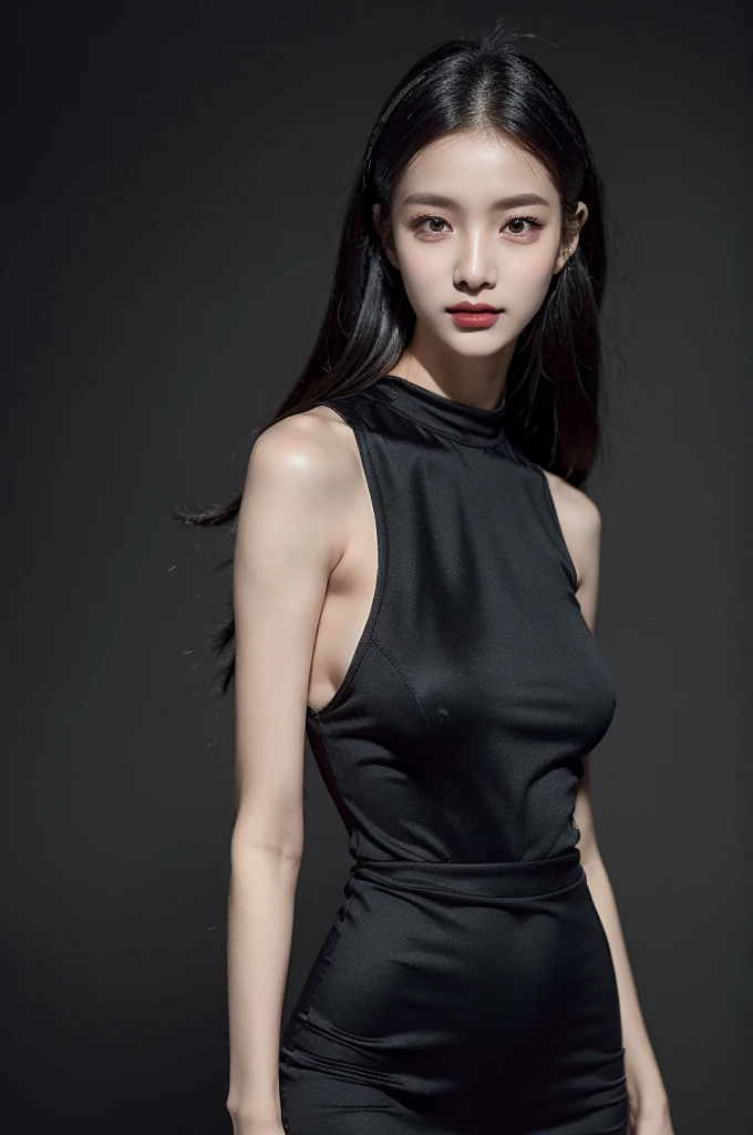 ((Highest quality, 8K, Tabletop)), Beautiful woman with perfect body, Slim abdomen, Black long dress, whole body, (length), (Straight Hair), Highly detailed face and skin texture, Fine grain, double eyelid