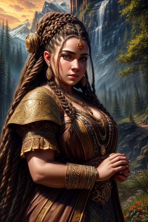 A beautiful, intricate portrait of a dwarven woman, delicate facial features, piercing eyes, full lips, intricate hairstyle with braids and jewels, wearing an ornate, detailed dress with intricate embroidery and patterns, delicate beard, set against a fantasy landscape background with mountains, forests, and a glowing sky, (best quality,4k,8k,highres,masterpiece:1.2),ultra-detailed,(realistic,photorealistic,photo-realistic:1.37),concept art, cinematic lighting, dramatic shadows, glowing warm colors, rich textures