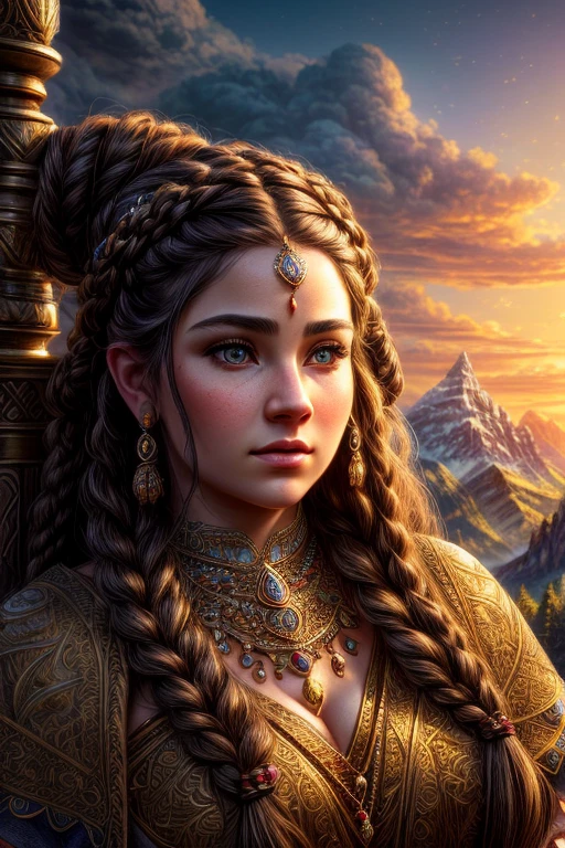 A beautiful, intricate portrait of a dwarven woman, delicate facial features, piercing eyes, full lips, intricate hairstyle with braids and jewels, wearing an ornate, detailed dress with intricate embroidery and patterns, delicate beard, set against a fantasy landscape background with mountains, forests, and a glowing sky, (best quality,4k,8k,highres,masterpiece:1.2),ultra-detailed,(realistic,photorealistic,photo-realistic:1.37),concept art, cinematic lighting, dramatic shadows, glowing warm colors, rich textures