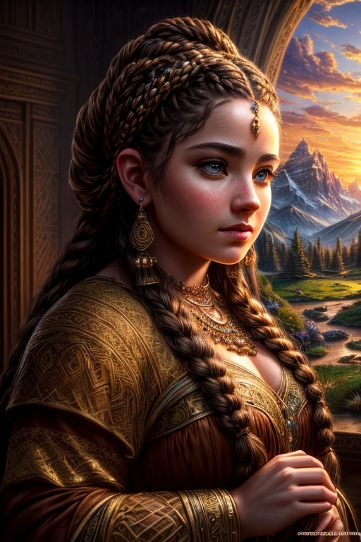 A beautiful, intricate portrait of a dwarven woman, delicate facial features, piercing eyes, full lips, intricate hairstyle with braids and jewels, wearing an ornate, detailed dress with intricate embroidery and patterns, delicate beard, set against a fantasy landscape background with mountains, forests, and a glowing sky, (best quality,4k,8k,highres,masterpiece:1.2),ultra-detailed,(realistic,photorealistic,photo-realistic:1.37),concept art, cinematic lighting, dramatic shadows, glowing warm colors, rich textures