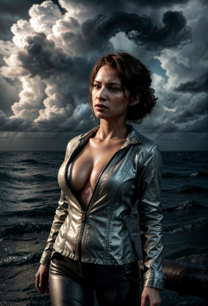 a woman in a hurricane, , beautiful woman, photorealistic, 8k, masterpiece, (best quality, 4k, 8k, highres, masterpiece:1.2), ultra-detailed, (realistic, photorealistic, photo-realistic:1.37), dramatic lighting, dynamic pose, swirling wind, rain, stormy sky, cinematic, epic scale, atmospheric, moody colors, muted tones