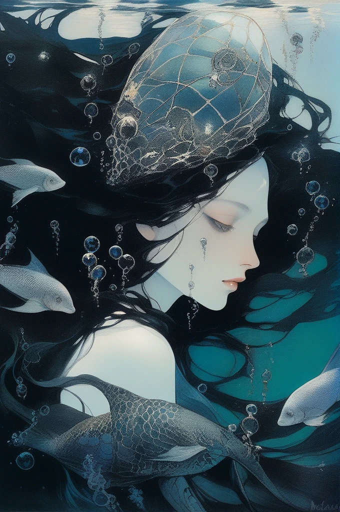 James Gurney, Surrealist art , dream-like, mysterious, Provocative, symbolic, complex, detailed,, (Gothic but very beautiful:1.4), (masterpiece, Highest quality:1.4) , Nicola Samori Style, Beautiful 14 year old mermaid in the ocean、Ocean、Water bubbles