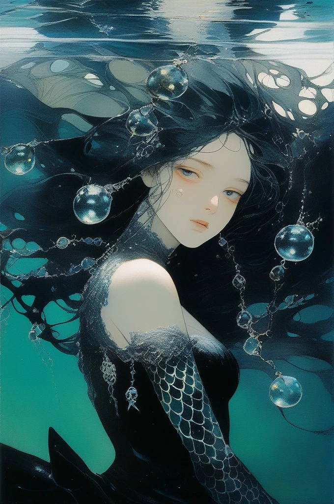 James Gurney, Surrealist art , dream-like, mysterious, Provocative, symbolic, complex, detailed,, (Gothic but very beautiful:1.4), (masterpiece, Highest quality:1.4) , Nicola Samori Style, Beautiful 14 year old mermaid in the ocean、Ocean、Water bubbles