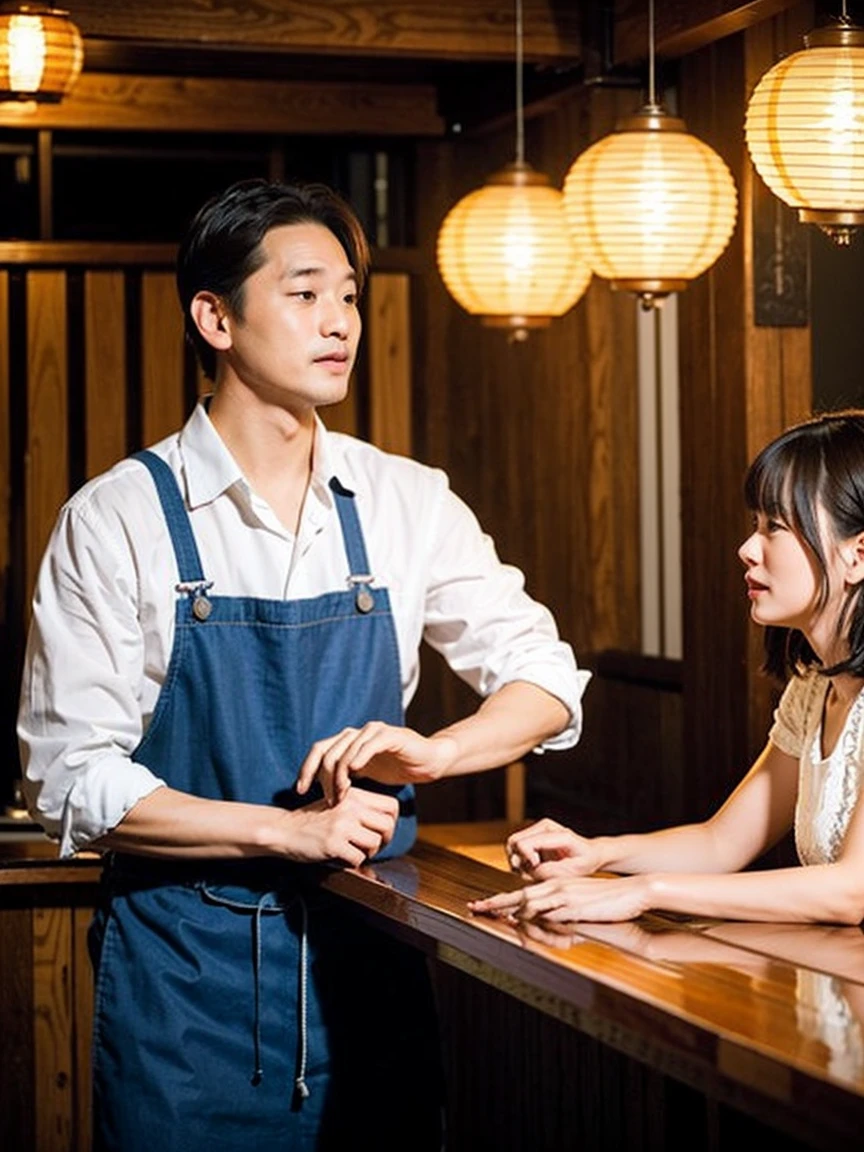 "Create an image depicting a scene from a movie where a middle-aged man and a cute female student are working together in an izakaya. The setting should be a traditional Japanese izakaya with wooden tables, paper lanterns, and a bar counter. Both characters should be engaged in serving customers or preparing food, reflecting a collaborative and lewd busy atmosphere."