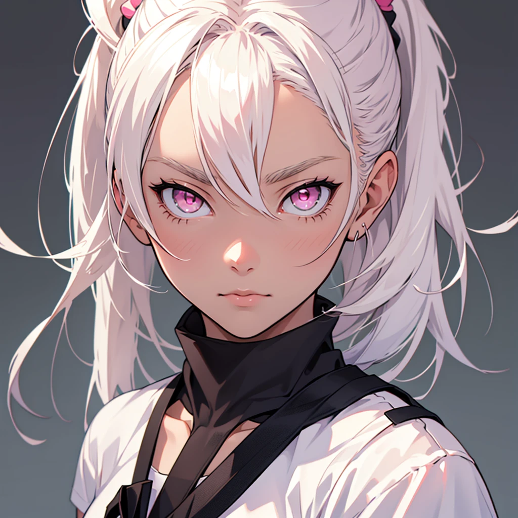 best qualityer, work of art, extremely detaild, simple background, アニメ, 1 girl, Youngh, Short girl, white  hair, pink eyes, ponytail in hair, simple and comfortable clothes, centred, facefocus.