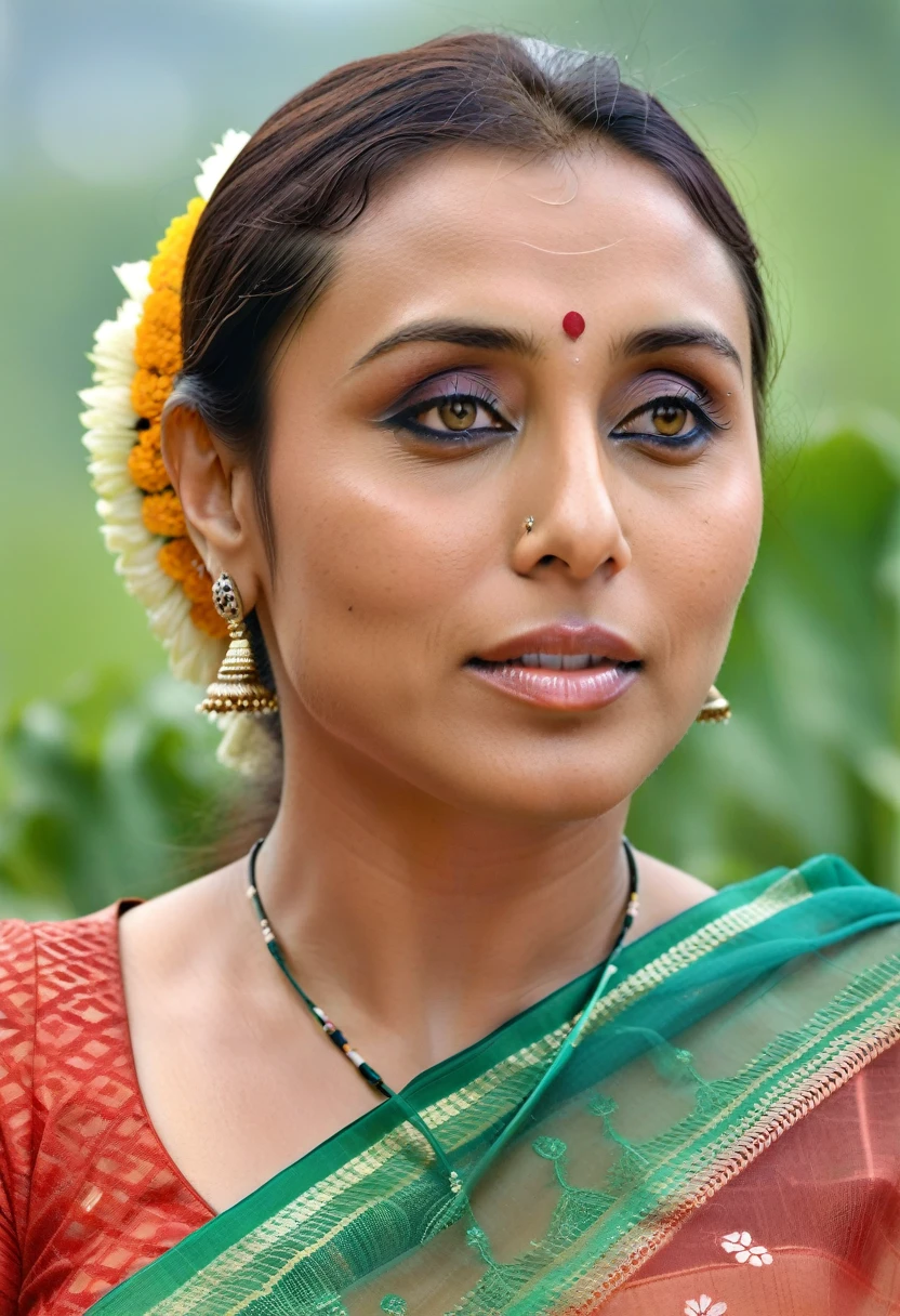 ultra realistic soft focus photo of a 30-year-old woman, rani mukerji, outdoors, high neck Mekhela Chador (Assamese traditional attire) lace covering chest and cleavage, Eye roll of exasperation, Fisheye-shot camera angle, looking looking at camera, day time, beautiful bokeh  