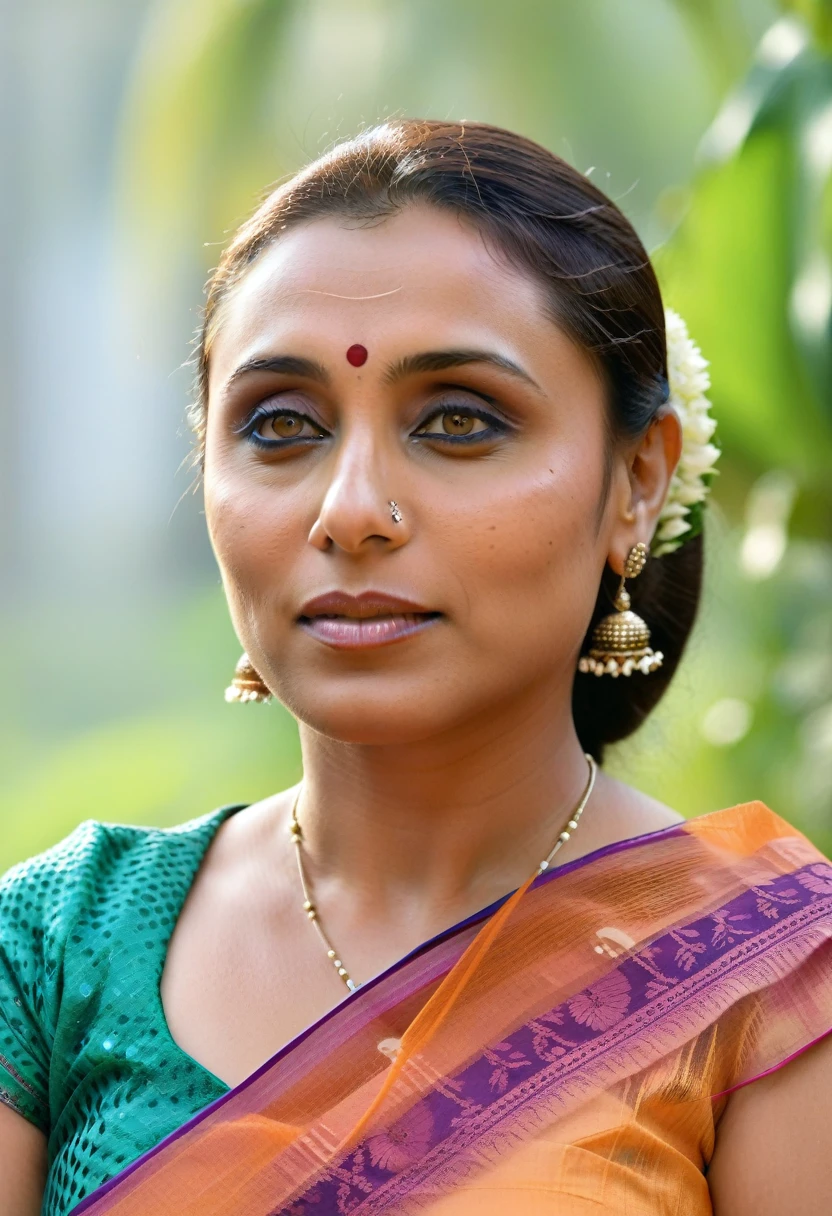 ultra realistic soft focus photo of a 30-year-old woman, rani mukerji, outdoors, high neck Mekhela Chador (Assamese traditional attire) lace covering chest and cleavage, Eye roll of exasperation, Fisheye-shot camera angle, looking looking at camera, day time, beautiful bokeh  