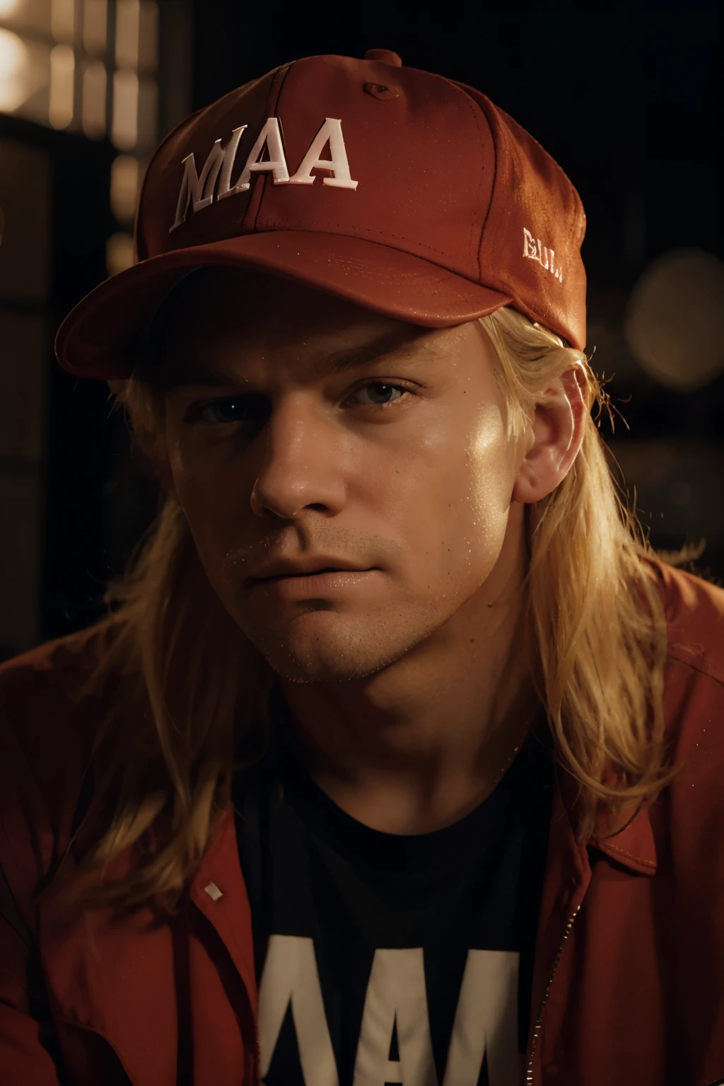 a man with blonde hair,wearing a red baseball cap with the text "MUVA" on it,a serious expression on his face,Donald Trump,highly detailed,photorealistic,8k,best quality,chiaroscuro lighting,dramatic shadows,golden hour lighting,moody atmosphere,dynamic pose,confident,authoritative