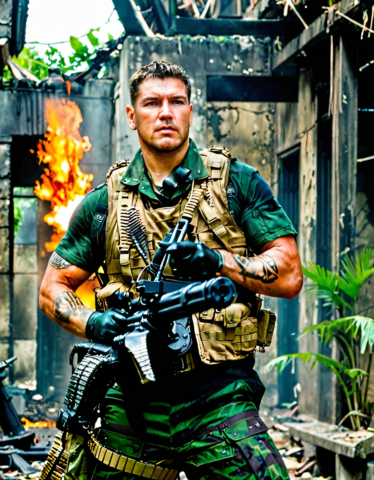 (masterpiece), (best quality), highres, 1man, male focus, solo, solo focus. dark brown hair, short hair, crew cut, spiky hair, dark green eyes, sleeveless, tattoo. us soldier, jet black uniform, gloves, gun, handgun, holding gun, holding weapon, holster, holstered weapon, (load bearing vest, ammunition belt), pistol, thigh holster, (Handheld M134 Minigun). trigger discipline, weapon. vietnam city ruins, daytime, (green helmet with the text "Born to Kill"), gritty atmosphere.