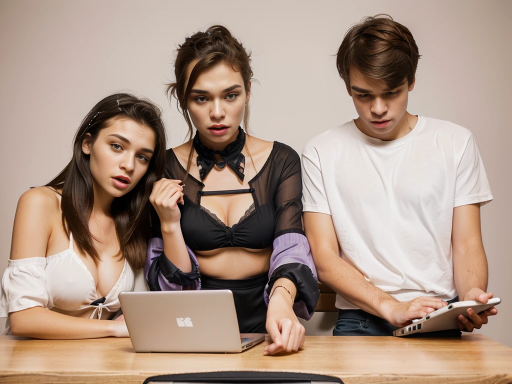 ((2 people)) 1 sister and 1 brother in sexy pajamas 18 years old. ((sister sitting on brother's lap, brother sitting on gaming chair)) big breasts, brother and sister look at the computer screen and look at a hypnotic photo. profile picture, their eyes are focused on the computer screen which hypnotizes them, a hypnotic image which commands them to be sexually aroused, the brother places his hands on the sister's chest, the brother's cock enters the sister's vulva, penetration of the vagina, big cock, detailed image of vagina penetration by cock, huge dripping internal cumshot