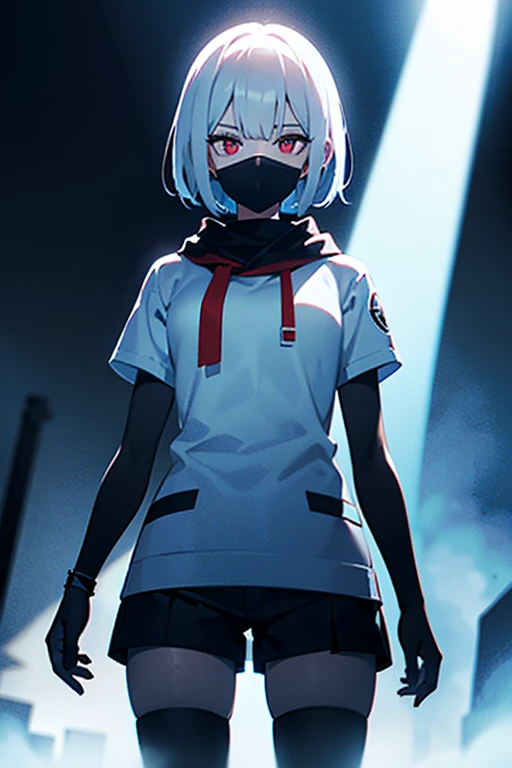(white short hair)(red eye)(Eyes without highlights)(Wear a black mask)(In the dark alleys)(Gloomy environment)(Eyes emit blue U-light)4K