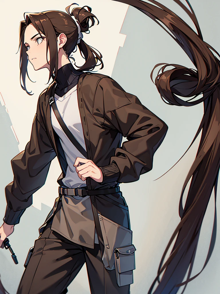 A tall guy with brown hair tied in a small ponytail. grey eyes