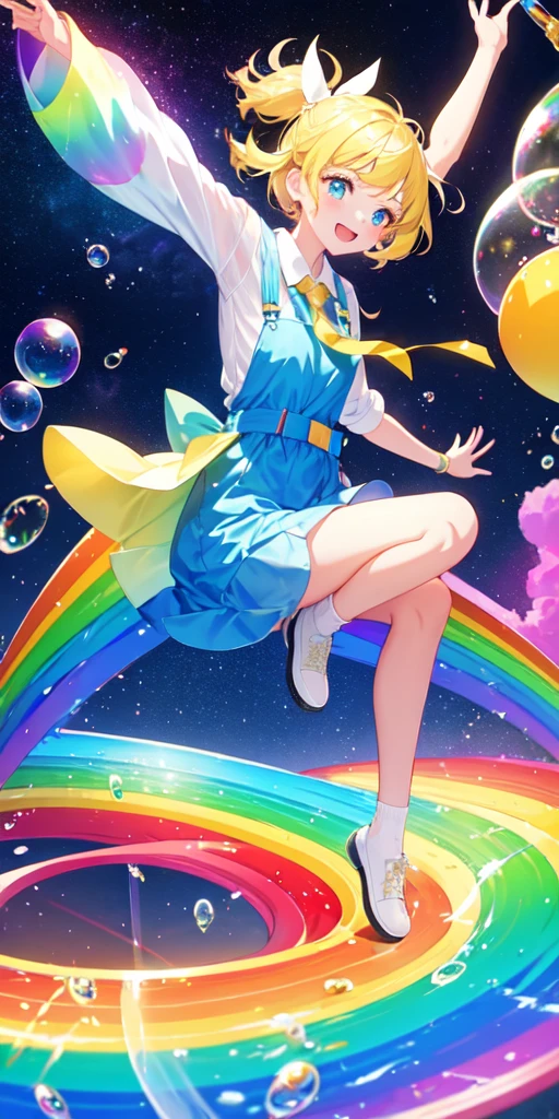 A girl flying in the sky on a big soap bubble。
The overall image is rainbow-colored。