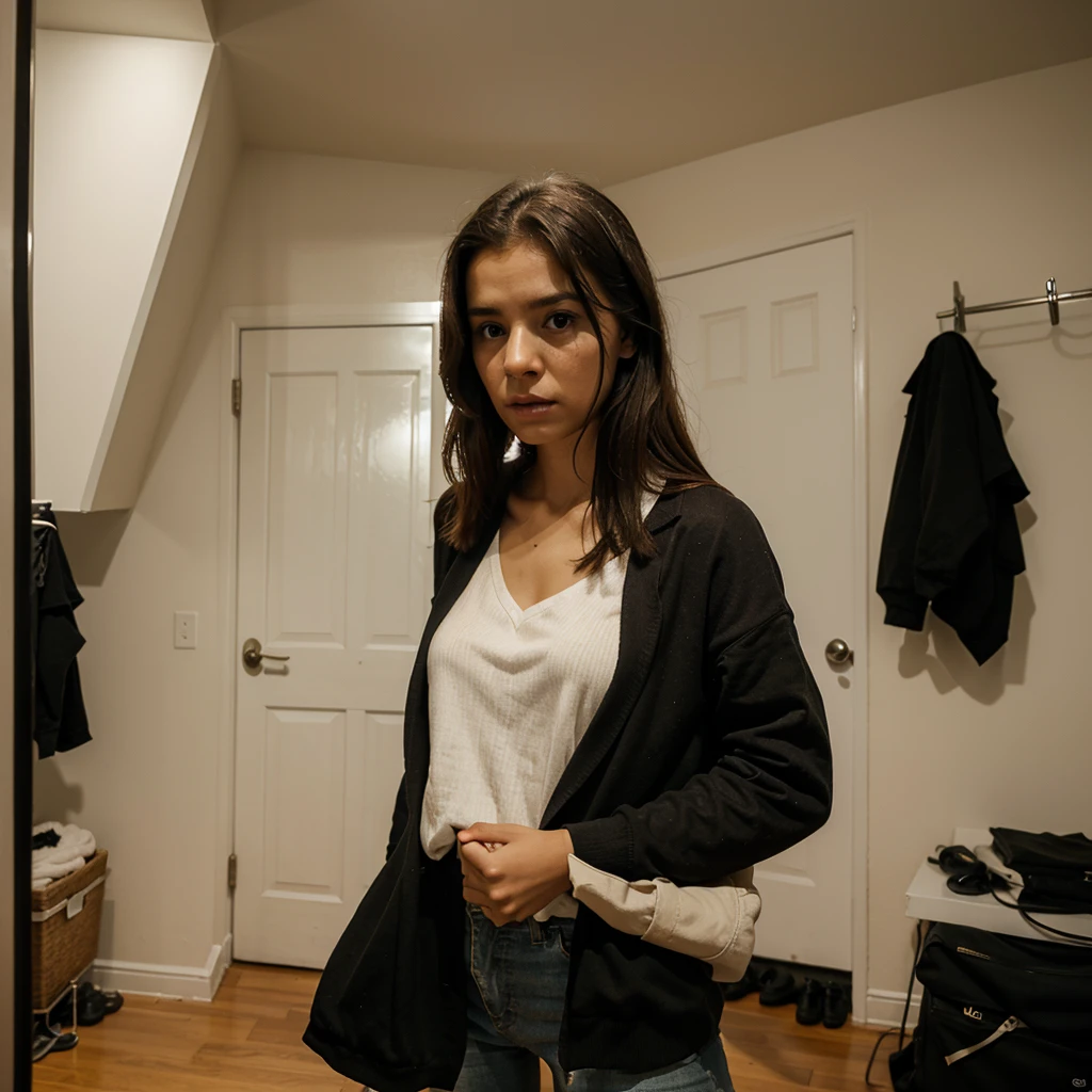 A scared woman inside her apartment on her cellphone