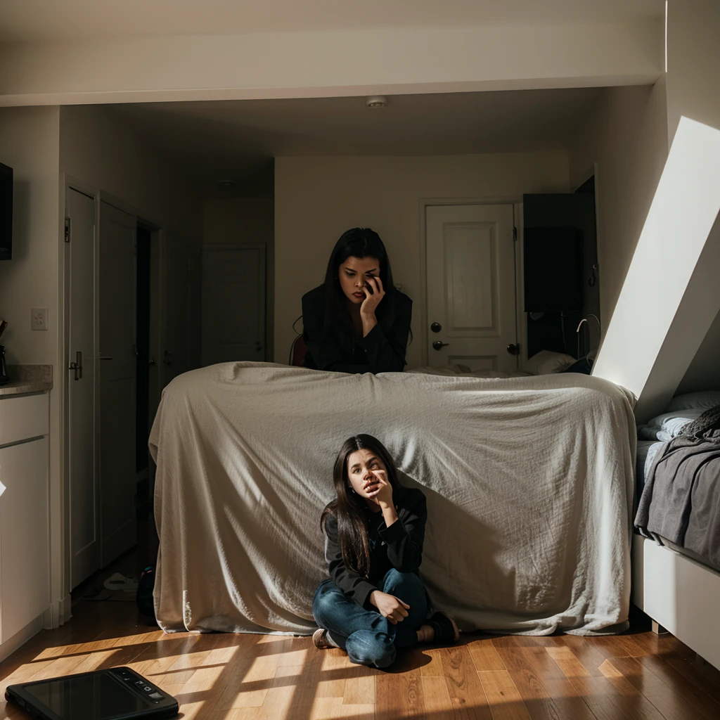 A scared woman inside her apartment on her cellphone