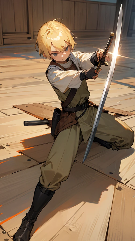 A 10-year-old teenager with blond hair with a sword pointed at a wooden dummy training in medieval clothes