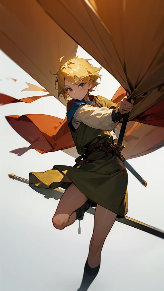 A 10-year-old ager with blond hair with a sword pointed at a wooden dummy training in medieval clothes