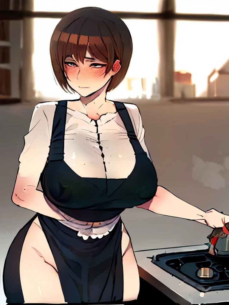motherly, mother, youthful appearance, milf, shortcut, short hair, light brown hair, mole, medieval housewife clothes, apron, big breasts, chubby, motherly body, gentle motherly expression