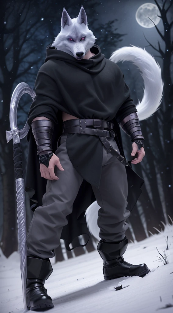 death (puss in boots), male, muscular, wolf, canid, fluffy, standing, night, forest, claws, paws, low angle view, long hair, black sclera, red eyes, tail, front view, action pose, (black poncho:1.2), clothed, bottomwear, pants, belt, white body, black fur, black fur, grey fur, forest, moonlight night,
BREAK,
by virtyalfobo, by anchee, by snowskau, by foxovh, by sabretoothed ermine, (intricate, high detail, film photography, soft focus, RAW candid cinema,
photorealism, realistic, photorealistic, analog style, subsurface scattering,
masterpiece, best quality, ultra realistic, 8k)