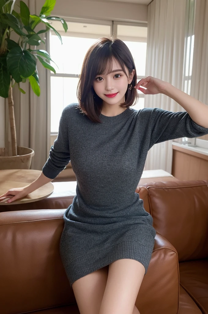 Selfie、sofa、 Wear warm clothes、indoor、Very short hair、Berry Shortcut、Highest quality, figure, Super detailed, In detail, High resolution, 8k wallpaper, Perfect dynamic composition, Beautiful attention to detail, dress,Medium Hair, Small breasts、Natural color lip, Random sexy poses,smile,24-years-old