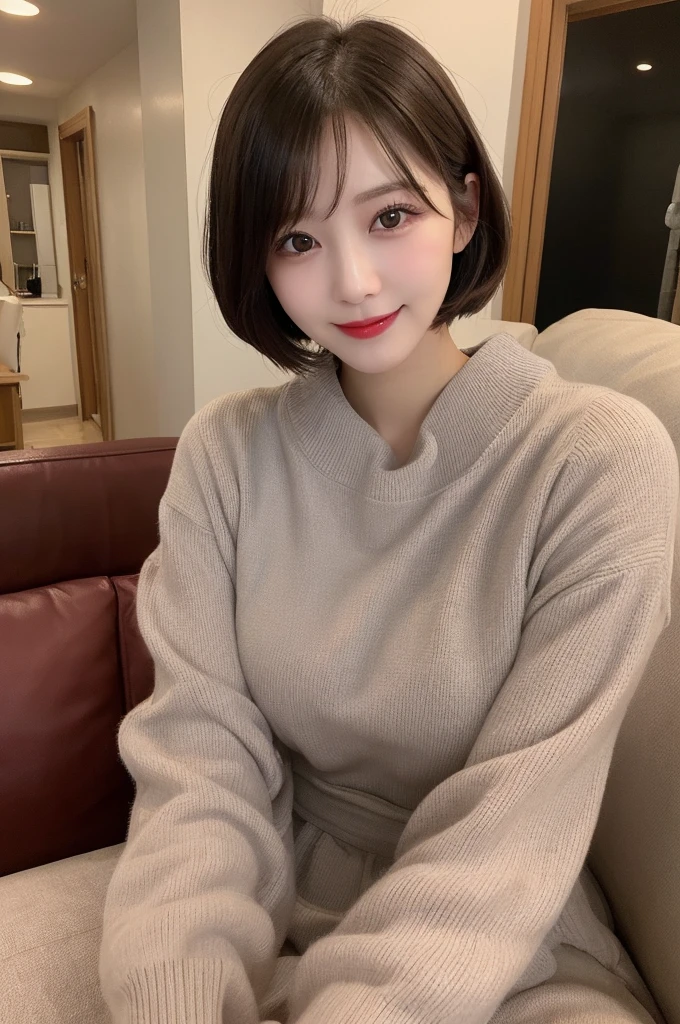 Selfie、On the bed、 Wear warm clothes、indoor、Very short hair、Berry Shortcut、Highest quality, figure, Super detailed, In detail, High resolution, 8k wallpaper, Perfect dynamic composition, Beautiful attention to detail, dress,Medium Hair, Small breasts、Natural color lip, Random sexy poses,smile,24-years-old