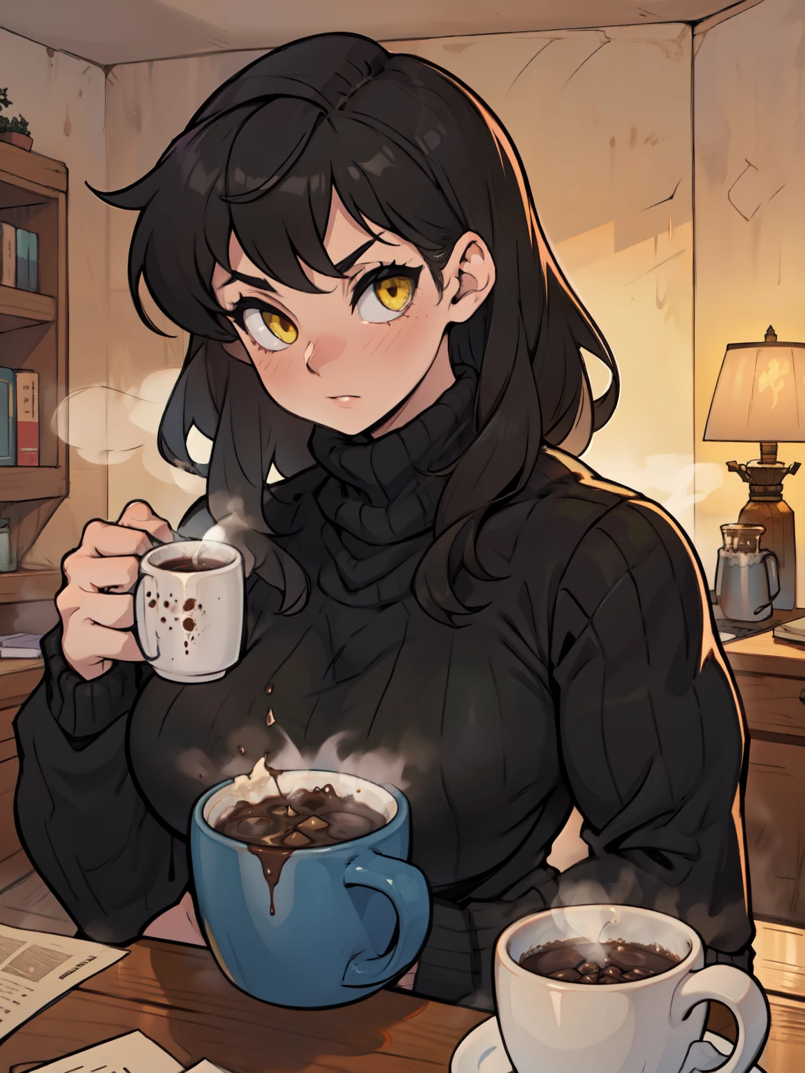 girl muscular girl breasts breasts breasts pale skin black hair yellow eyes thick baggy sweater mug of hot cocoa cozy at home