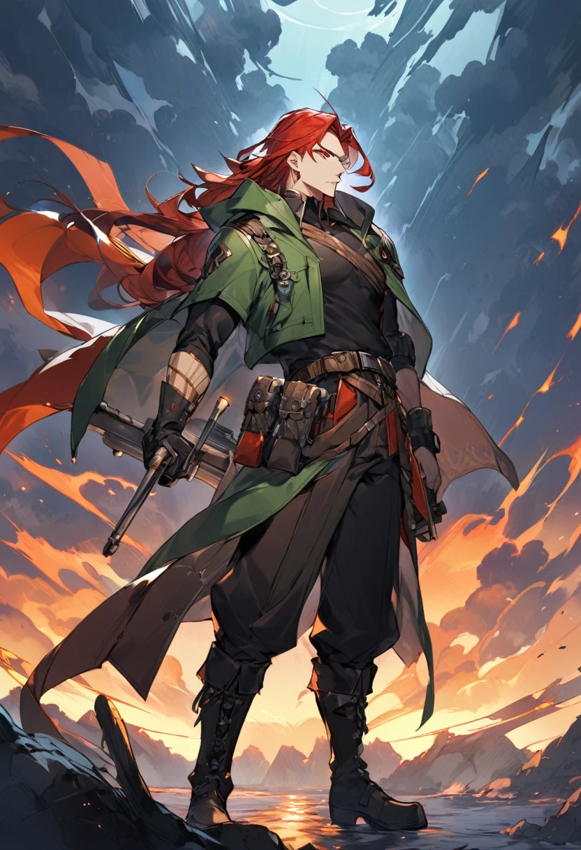 Picture Kael Drayden, the resolute Guild Master and Airship Captain of the Skybound Order. He's a 29-year-old human with shoulder-length hair, often tied back, and piercing green eyes that reflect his determination and resolve. Kael's face is marked by a life of adventure, with a distinctive scar on his left forearm, a reminder of a past encounter with a malfunctioning device.
He wears practical adventurer's gear designed for both durability and mobility. His outfit includes a reinforced leather vest over a linen shirt, sturdy trousers with reinforced knees, and high leather boots suited for the rugged terrain. A wide belt with pouches for tools encircles his waist, ready for any mechanical emergency or quick fix needed on the airship. To protect against the elements, Kael dons a long, hooded cloak that flows behind him, adding to his commanding presence.
As you visualize Kael, imagine him standing on the deck of the *Starfire*, the wind tugging at his cloak and hair, his eyes fixed on the horizon with a blend of hope and determination. His posture is confident, yet ready for action, embodying the spirit of an adventurer always prepared to face whatever challenges come his way.
(give a space from the upper part of the image) (it's for a novel book cover) (half body shot with a striking pose)