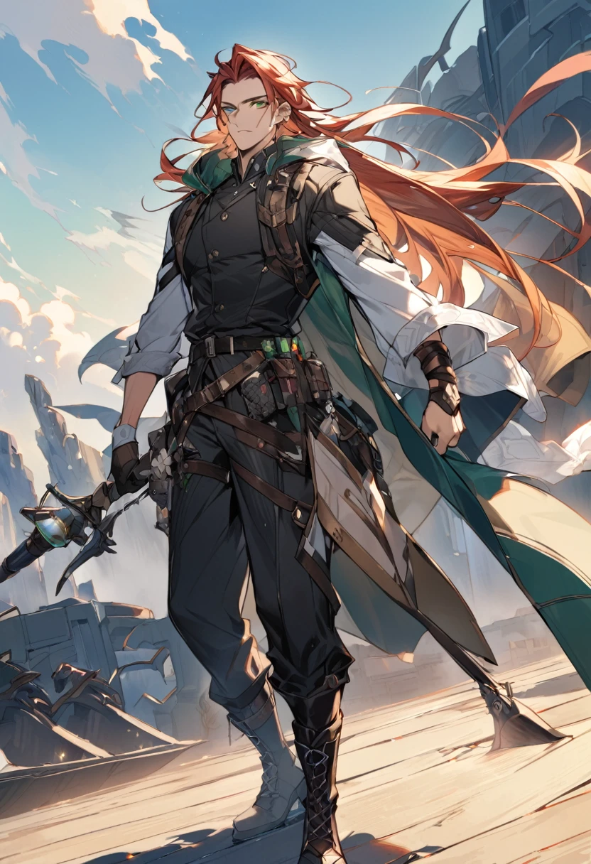 Picture Kael Drayden, the resolute Guild Master and Airship Captain of the Skybound Order. He's a 29-year-old human with shoulder-length hair, often tied back, and piercing green eyes that reflect his determination and resolve. Kael's face is marked by a life of adventure, with a distinctive scar on his left forearm, a reminder of a past encounter with a malfunctioning device.
He wears practical adventurer's gear designed for both durability and mobility. His outfit includes a reinforced leather vest over a linen shirt, sturdy trousers with reinforced knees, and high leather boots suited for the rugged terrain. A wide belt with pouches for tools encircles his waist, ready for any mechanical emergency or quick fix needed on the airship. To protect against the elements, Kael dons a long, hooded cloak that flows behind him, adding to his commanding presence.
As you visualize Kael, imagine him standing on the deck of the *Starfire*, the wind tugging at his cloak and hair, his eyes fixed on the horizon with a blend of hope and determination. His posture is confident, yet ready for action, embodying the spirit of an adventurer always prepared to face whatever challenges come his way.
(give a space from the upper part of the image) (it's for a novel book cover) (half body shot with a striking pose)