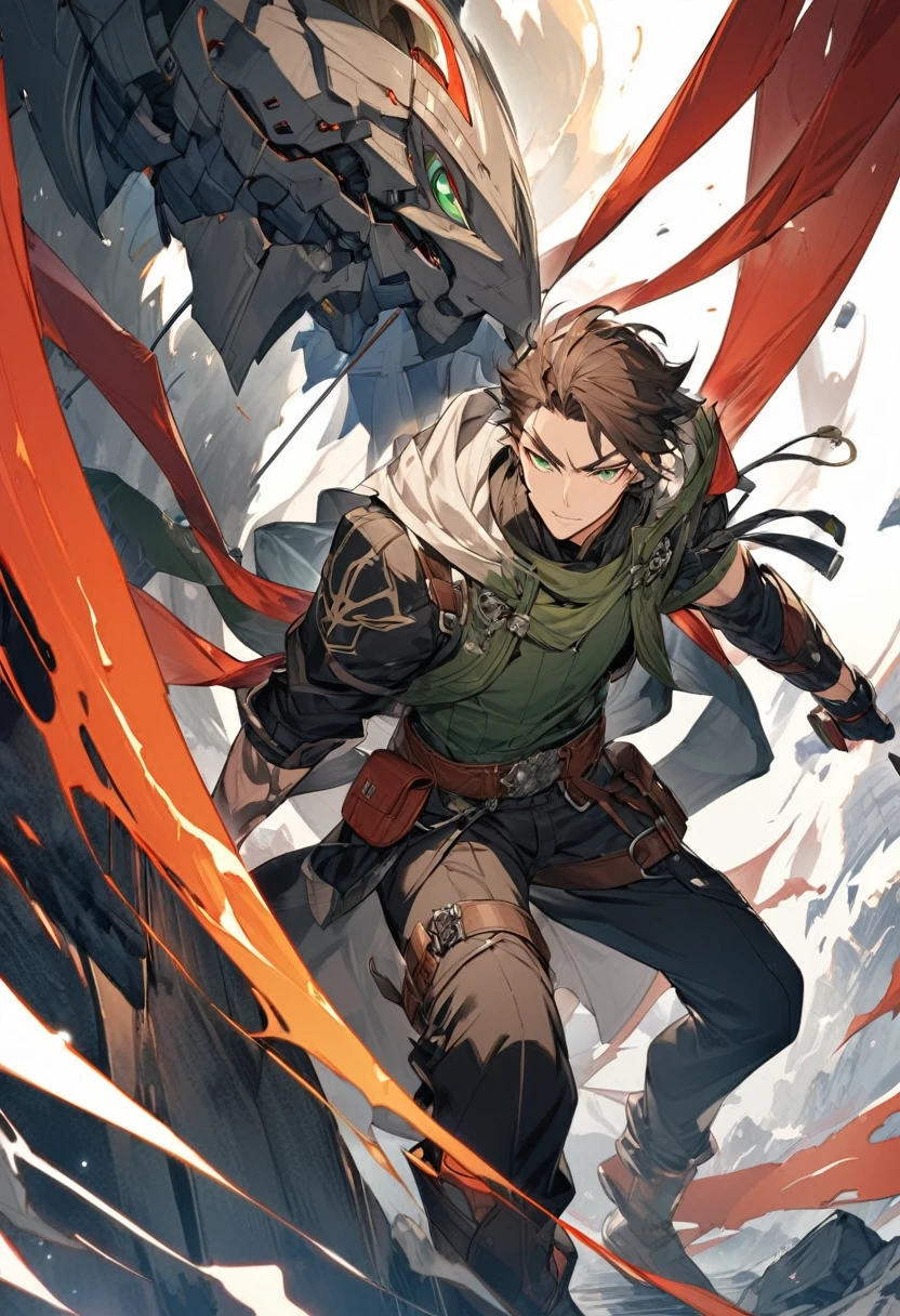 Picture Kael Drayden, the resolute Guild Master and Airship Captain of the Skybound Order. He's a 29-year-old human with shoulder-length hair, often tied back, and piercing green eyes that reflect his determination and resolve. Kael's face is marked by a life of adventure, with a distinctive scar on his left forearm, a reminder of a past encounter with a malfunctioning device.
He wears practical adventurer's gear designed for both durability and mobility. His outfit includes a reinforced leather vest over a linen shirt, sturdy trousers with reinforced knees, and high leather boots suited for the rugged terrain. A wide belt with pouches for tools encircles his waist, ready for any mechanical emergency or quick fix needed on the airship. To protect against the elements, Kael dons a long, hooded cloak that flows behind him, adding to his commanding presence.
As you visualize Kael, imagine him standing on the deck of the *Starfire*, the wind tugging at his cloak and hair, his eyes fixed on the horizon with a blend of hope and determination. His posture is confident, yet ready for action, embodying the spirit of an adventurer always prepared to face whatever challenges come his way.
(give a space from the upper part of the image) (it's for a novel book cover) (half body shot with a striking pose)