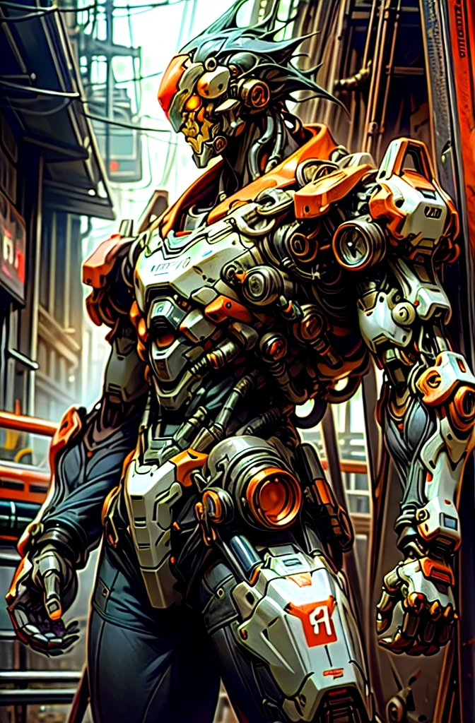 Dark_Fantasy,Cyberpunk,(chain saw,chain saw man,Red:1.1),1man,Mechanical marvel,Robotic presence,Cybernetic guardian, wearing a worn-out mech suit, intricate, (steel metal [rusty]), elegant, clear focus, shot by greg rutkowski, soft lighting, vibrant colors, masterpiece, ((street)), cowboy shot, dynamic pose,