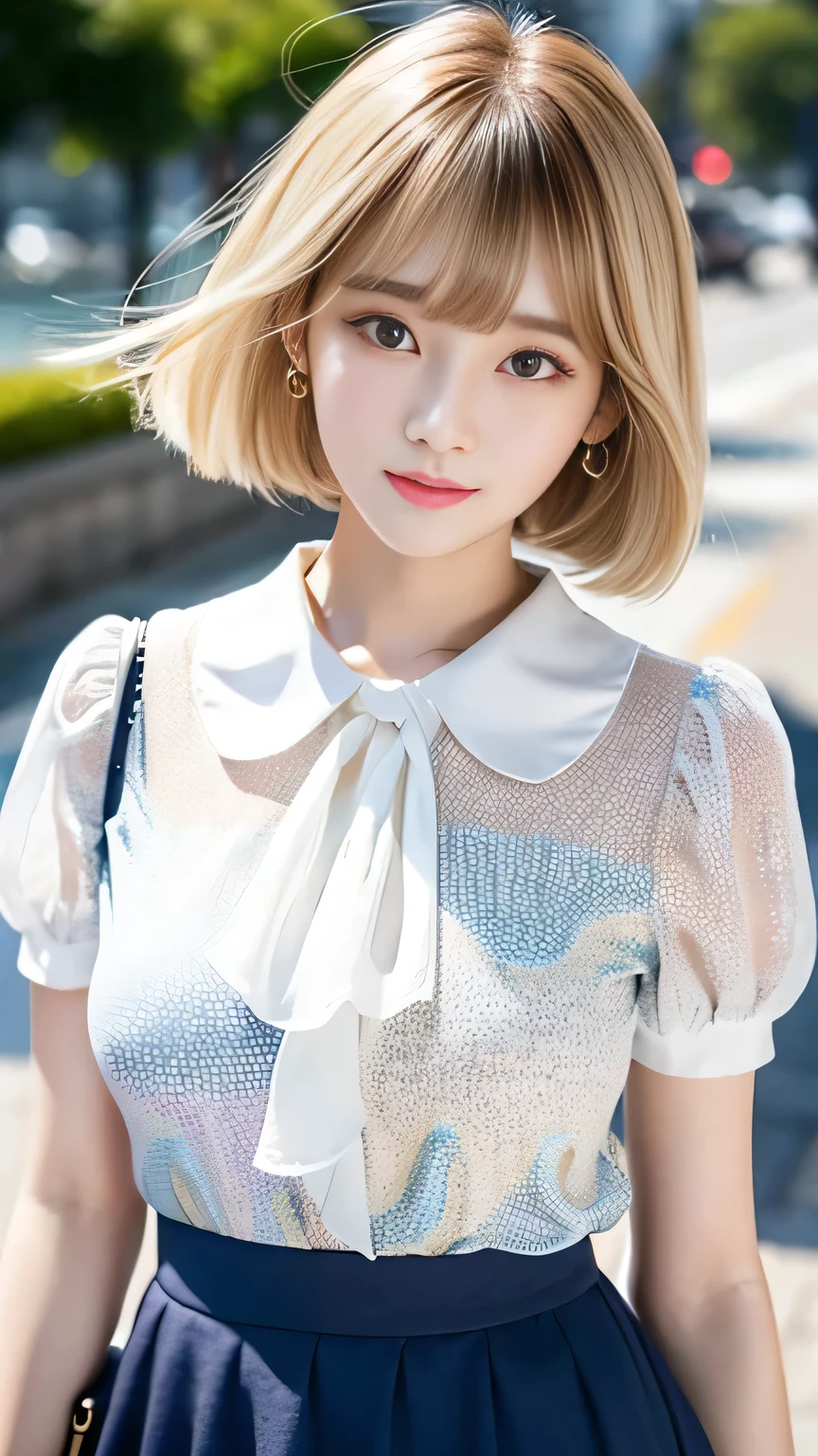 White and radiant skin、Bangs on the face、Long eyelashes、A strong wind blows my hair in front of my face、Beautiful big sparkling eyes, Cute and beautiful eyes hidden behind long bangs、No visible nasolabial folds、Short micro mini skirt、Multicolored patterned blouse、18 year old Korean beauty、Bright blonde short hair