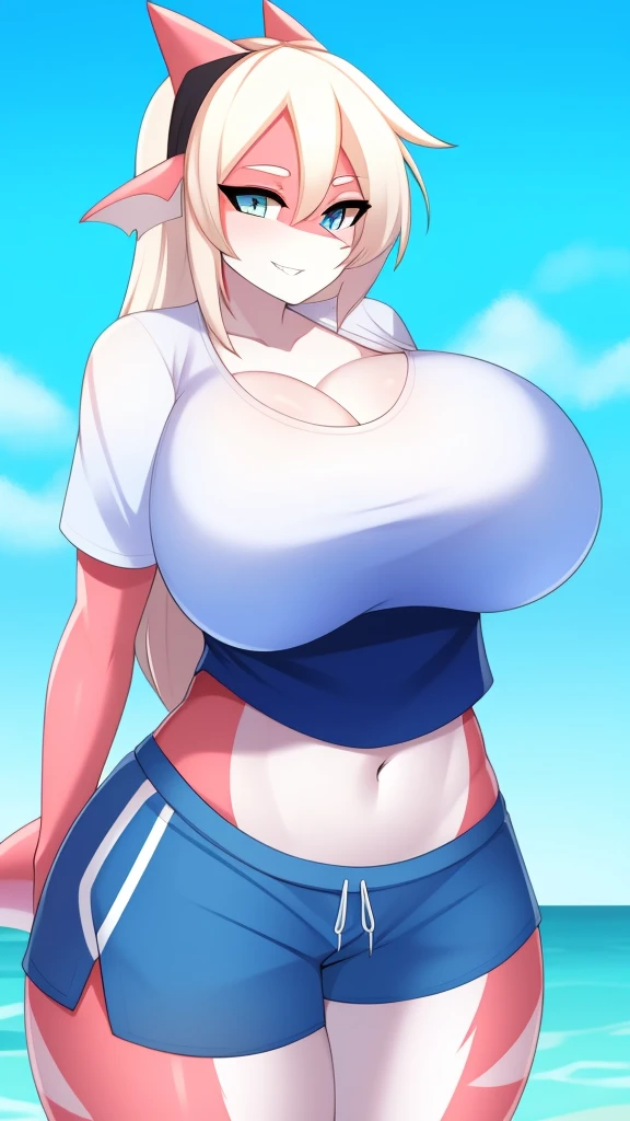 Shark girl, very sexy, big breasts, Wearing a short white sports shirt and shorts,
