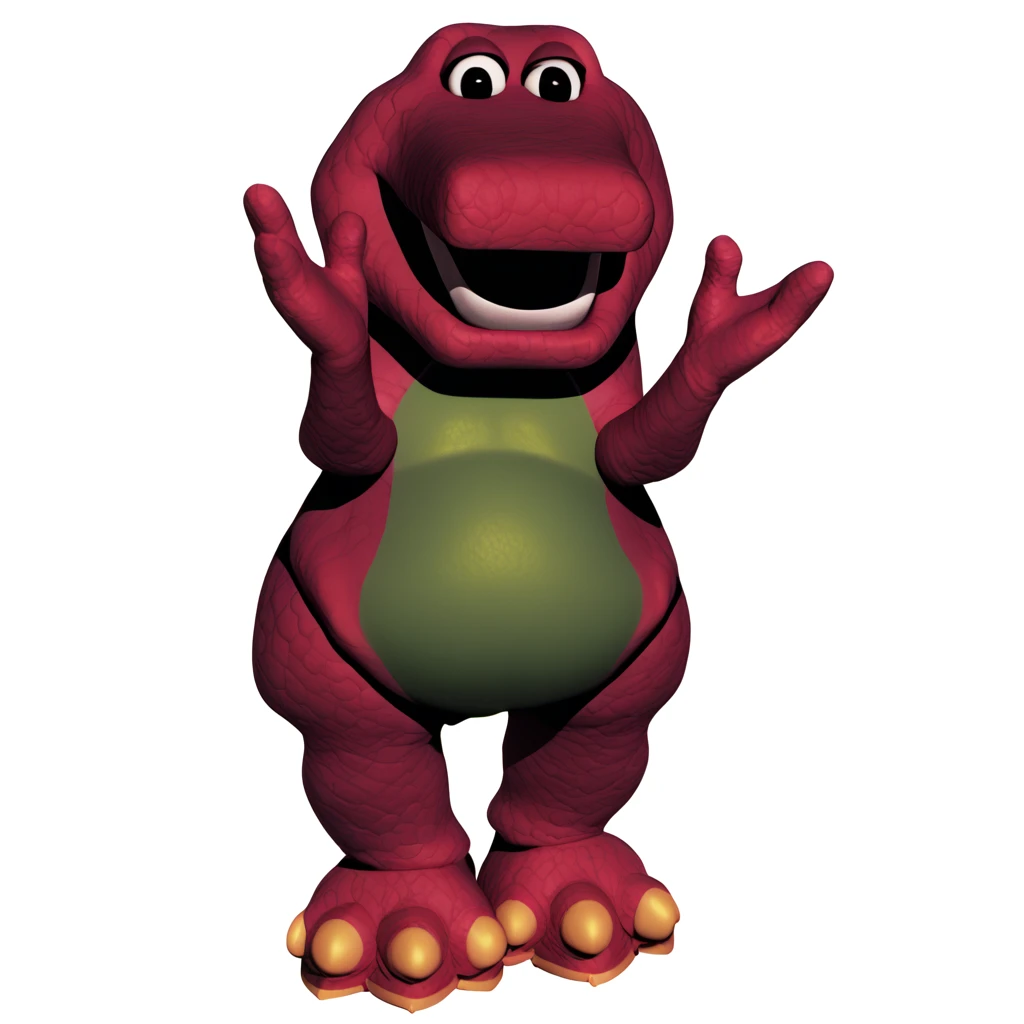 (source_furry, source_cartoon, score_9, score_8_up, score_7_up:1), solo male, barney the dinosaur, standing, looking at viewer, open mouth, simple background, white background, 3d