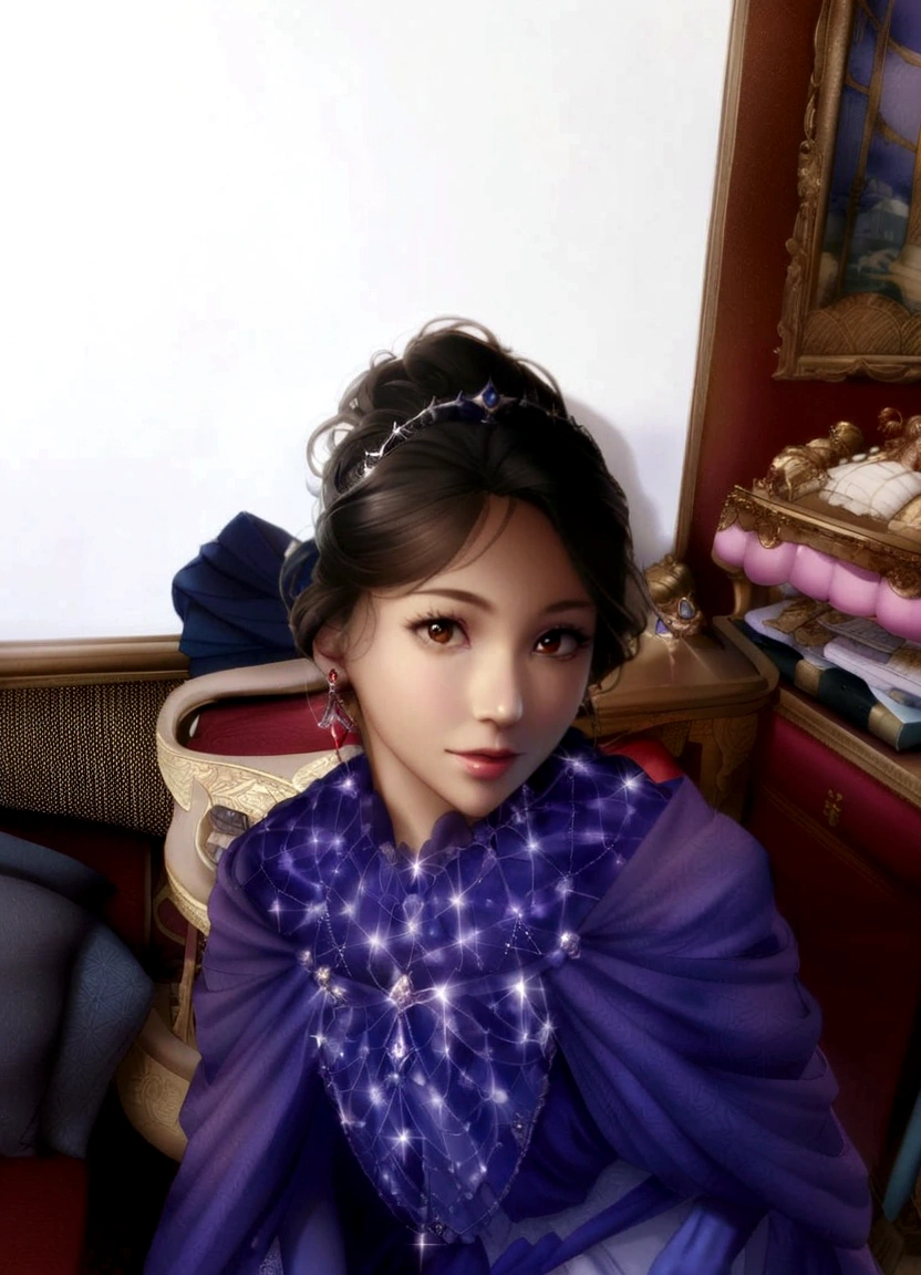 
"Create a fantasy illustration of a girl dressed as a princess. She is wearing a flowing gown with intricate patterns, a sparkling tiara on her head, and elegant jewelry. The background is a grand palace with shimmering lights, and she is posing gracefully, capturing a regal and enchanting atmosphere."
