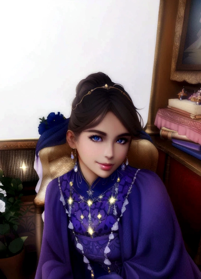 
"Create a fantasy illustration of a girl dressed as a princess. She is wearing a flowing gown with intricate patterns, a sparkling tiara on her head, and elegant jewelry. The background is a grand palace with shimmering lights, and she is posing gracefully, capturing a regal and enchanting atmosphere."
