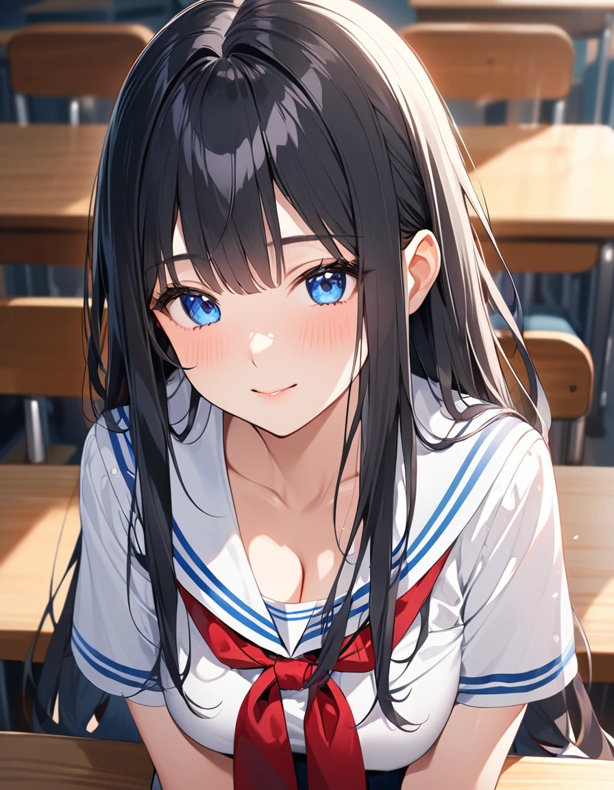 (Highest qualityのイラスト:1.2),  (1 girl、18-year-old), (Kind eyes、blue eyes:1.2)、Black Hair、Semi-long hair、bangs、(Highest quality、Very detailed、cute、Ultra-high resolution) 、High School Uniform｛White Sailor Suit、Red neckerchief、Short sleeve、Cleavage)、School classroom、Slightly larger breasts