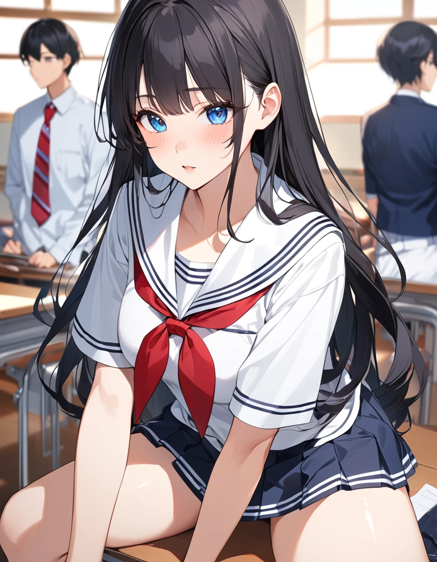 (Highest qualityのイラスト:1.2),  (1 girl、18-year-old), (Kind eyes、blue eyes:1.2)、Black Hair、Semi-long hair、bangs、(Highest quality、Very detailed、cute、Ultra-high resolution) 、High School Uniform｛White Sailor Suit、Red neckerchief、Short sleeve、Cleavage)、School classroom、Slightly larger breasts