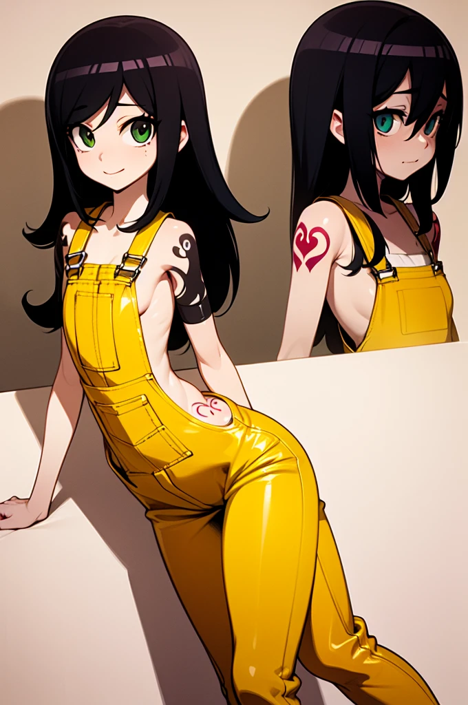 masterpiece, best quality, 1girl, ((young girl)), shiny skin, (thin waist), ((curvy)), ((wide hips)), ((small size)), hot, soft natural lighting, reflections, bright illuminations, full body, (((sexy yellow overalls))), (((tatoo on thigh))) navel, big long black hair, tomoko, sexy, slim figure, Detailed green eyes, Detailed face, Detailed eyes, tomoko kuroki, watamote, bare arms