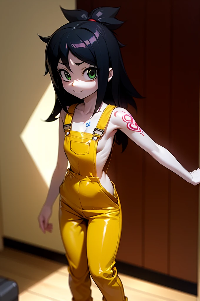 masterpiece, best quality, 1girl, ((young girl)), shiny skin, (thin waist), ((curvy)), ((wide hips)), ((small size)), hot, soft natural lighting, reflections, bright illuminations, full body, (((sexy yellow overalls))), (((tatoo on thigh))) navel, big long black hair, tomoko, sexy, slim figure, Detailed green eyes, Detailed face, Detailed eyes, tomoko kuroki, watamote, bare arms