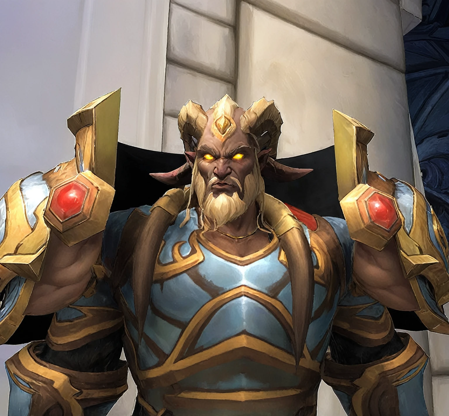 il y a un homme Draenei en armure , personnage de Warcraft, de World of Warcraft, de wow, expression intimidante, un commerçant degen majestueux et épique, photo d'un guerrier mâle adulte, armure de World of Warcraft, capture d'écran de World of Warcraft, Espaulières dorées, très musclé
