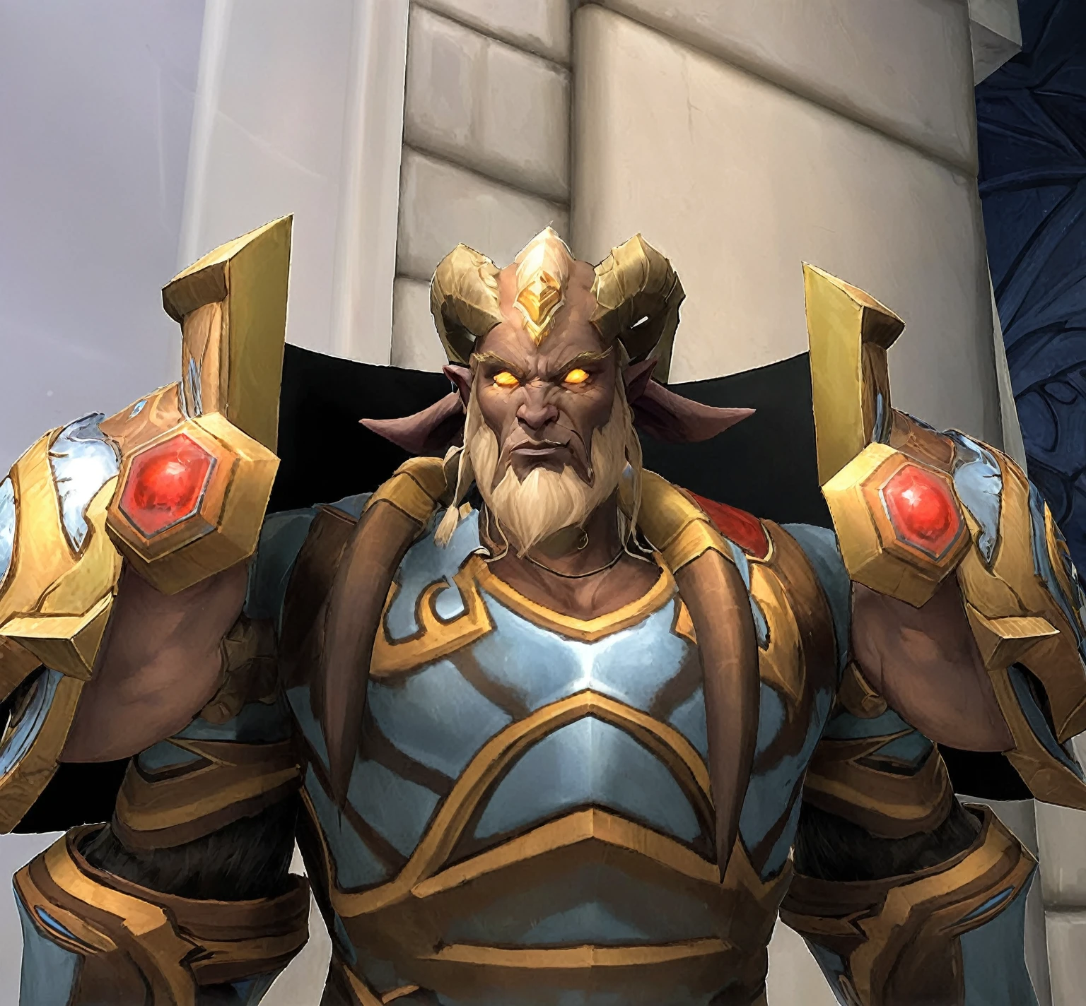 il y a un homme Draenei en armure , personnage de Warcraft, de World of Warcraft, de wow, expression intimidante, un commerçant degen majestueux et épique, photo d'un guerrier mâle adulte, armure de World of Warcraft, capture d'écran de World of Warcraft, Espaulières dorées, très musclé