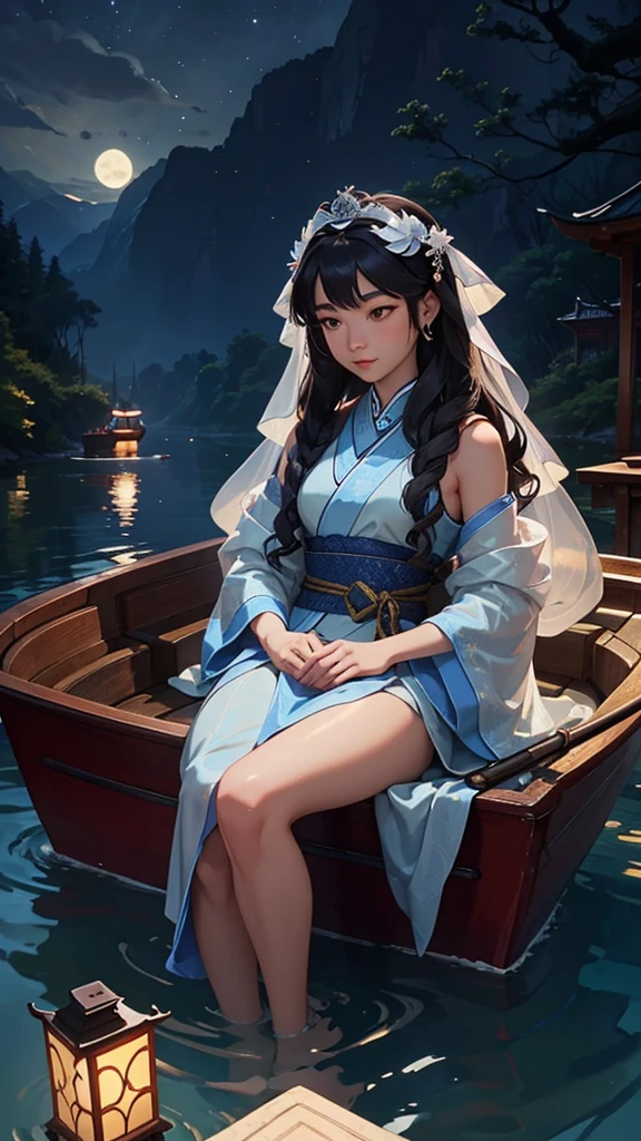 Under the silver moonlight, a young Chinese woman glides gently on her small boat down the peaceful river. Your delicate face is illuminated by the moonlight, reflected in the surface of the water surrounding your boat. She glides gracefully, long dark hair flowing delicately in the night wind. Her Chinese silk robes flow elegantly as she sails, absorbing the serenity of the moment. The river is like a mirror that duplicates the beauty of the night sky above, creating an idyllic and ethereal image. Right now, the young woman seems to be in harmony with the nature that surrounds her, your journey on the river lit only by moonlight.