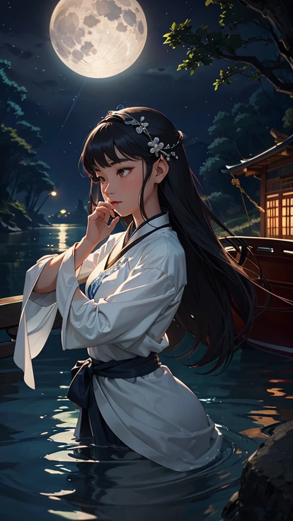 Under the silver moonlight, a young Chinese woman glides gently on her small boat down the peaceful river. Your delicate face is illuminated by the moonlight, reflected in the surface of the water surrounding your boat. She glides gracefully, long dark hair flowing delicately in the night wind. Her Chinese silk robes flow elegantly as she sails, absorbing the serenity of the moment. The river is like a mirror that duplicates the beauty of the night sky above, creating an idyllic and ethereal image. Right now, the young woman seems to be in harmony with the nature that surrounds her, your journey on the river lit only by moonlight.