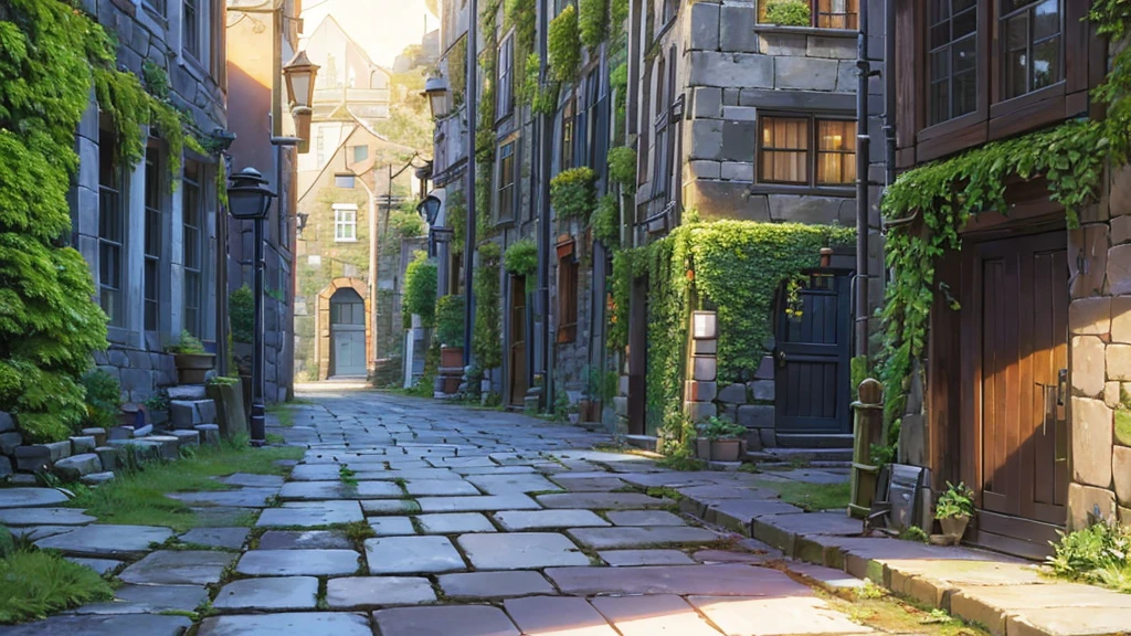 A cobblestone street glows with the soft yellow light of antique street lamps, hanging from cast iron poles. Shadows stretch along the facades of moss-covered stone buildings, where weathered wooden windows reflect the faint glow of a vintage bicycle parked along a narrow alley.